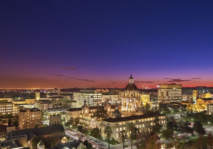 Pasadena Skyline at dusk, unveiling historic architecture by the Colorado Bridge.