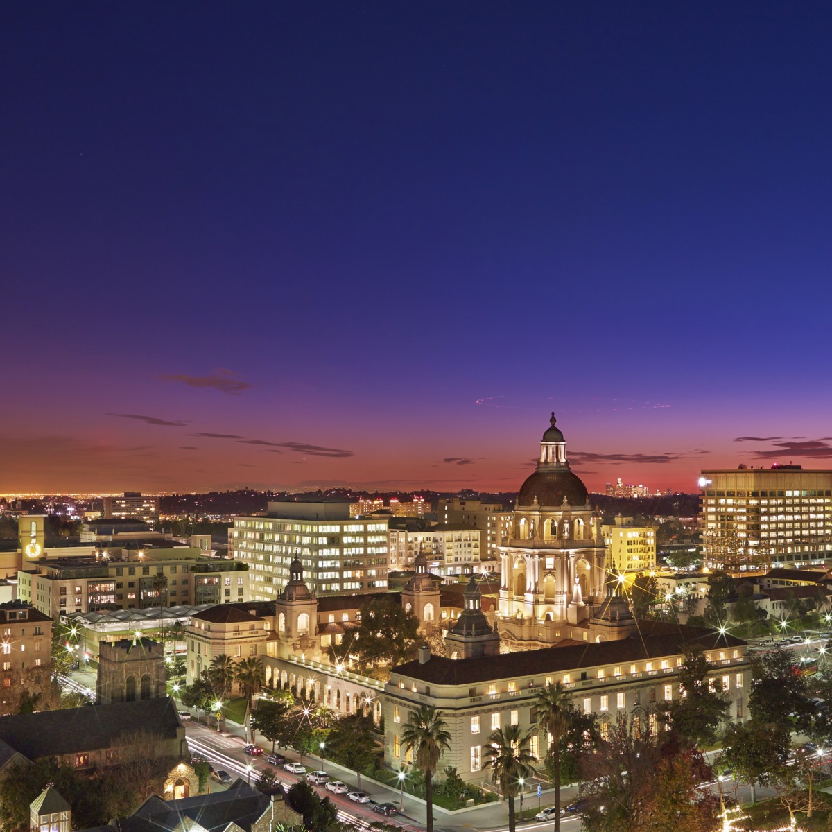 Pasadena Skyline at dusk, unveiling historic architecture by the Colorado Bridge.